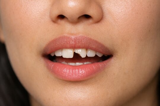 Woman showing a broken front tooth with visible dental injury and damage needing urgent repair