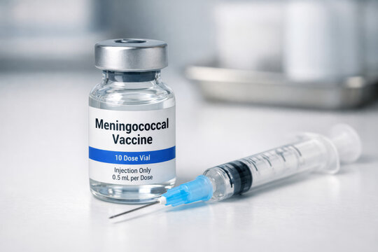 Meningococcal vaccine vial and syringe preparing for administration, providing immunization against meningitis