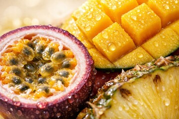 Passion fruit, mango, and pineapple slices featuring water droplets. Concept of refreshing tropical fruits and healthy eating