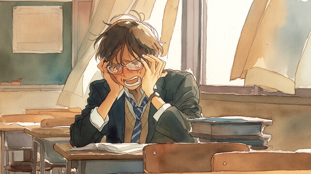 進学塾の教室で黙々と勉強に集中する学生を描いたイラスト。受験対策・塾通い・学習意欲・教育支援・試験勉強・宿題・模試・成績アップのテーマに最適な構図。