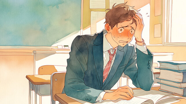 進学塾の教室で黙々と勉強に集中する学生を描いたイラスト。受験対策・塾通い・学習意欲・教育支援・試験勉強・宿題・模試・成績アップのテーマに最適な構図。