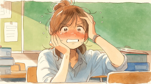 進学塾の教室で黙々と勉強に集中する学生を描いたイラスト。受験対策・塾通い・学習意欲・教育支援・試験勉強・宿題・模試・成績アップのテーマに最適な構図。