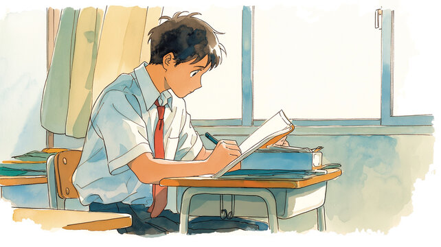 進学塾で真剣に勉強に取り組む学生の姿を描いたイラスト。高校受験・大学受験・学習塾・予備校・夜間学習・集中学習・教育現場・自習・模試対策など幅広い用途に対応。