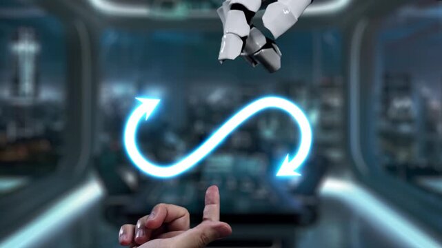 A robotic hand reaching towards a digital infinity symbol surrounded by various business icons, symbolizing the integration of technology and innovation in modern workplaces. Auvana