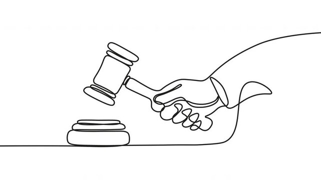 Continuous One Line Drawing of Gavel of Justice Animation for Courtroom and Law Concept Illustration