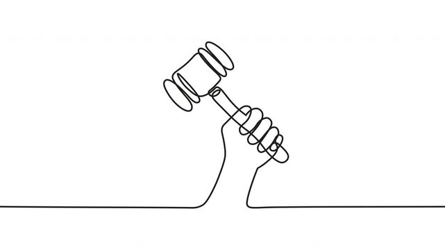 Continuous One Line Drawing of Gavel of Justice Animation for Courtroom and Law Concept Illustration