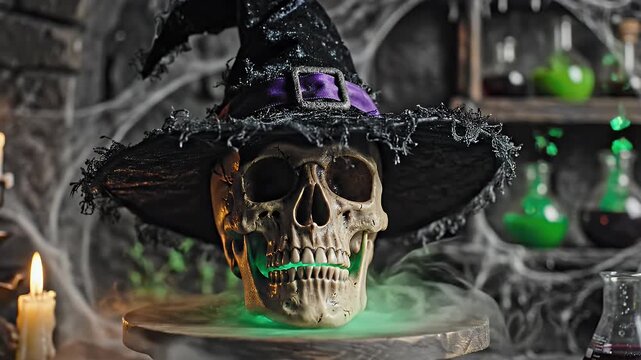 Spooky Halloween skull wearing witch hat with smoke and potions in the background.