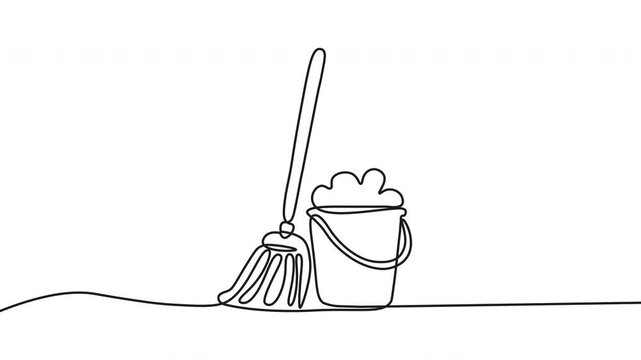 Cleaning tools, mop and bucket, line art, minimalist illustration, household chores