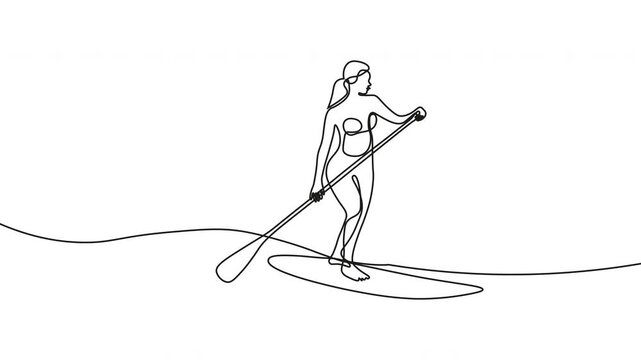 Continuous line drawing, woman paddleboarding, sup sport, fitness illustration