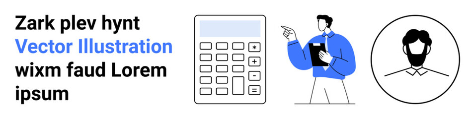 Finance, accounting, user profiles, office usage, analytics, data entry. A calculator, professional holding a clipboard and a user profile icon. Finance and accounting concept
