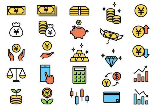 Colorful and Simple Investment and Money Icon Set with Yen Symbols