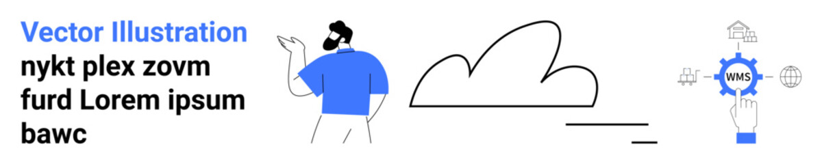 Obraz premium Cloud computing, digital technology, innovation, software development, data management, tech solutions. A person, cloud icon and gear symbol with interconnected elements. Cloud computing and digital