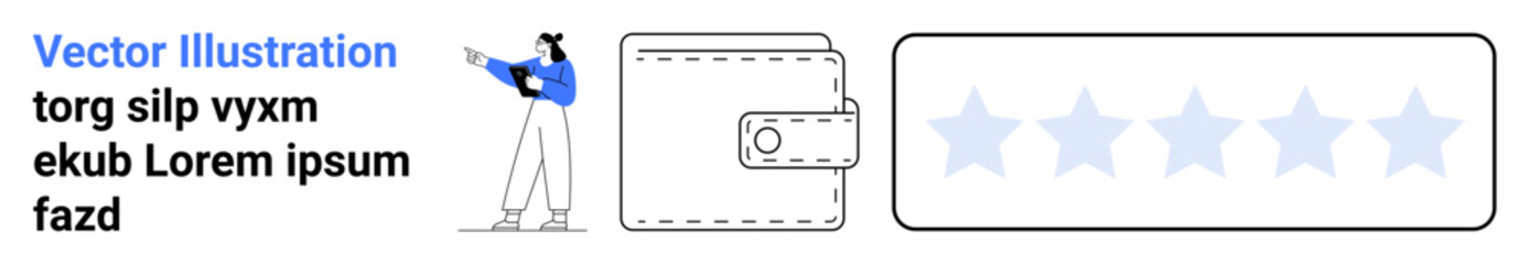 Fototapeta premium Person gesturing towards a wallet with a five-star feedback bar nearby. Ideal for financial literacy, customer experience, review platforms, service quality, user feedback, e-commerce, simple landing