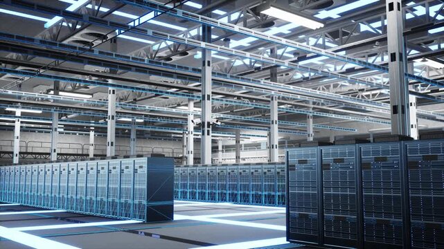 Artificial intelligence in server room concept with machine learning blue holograms glowing. Neural network deep learning infrastructure data processing visual effects simulation