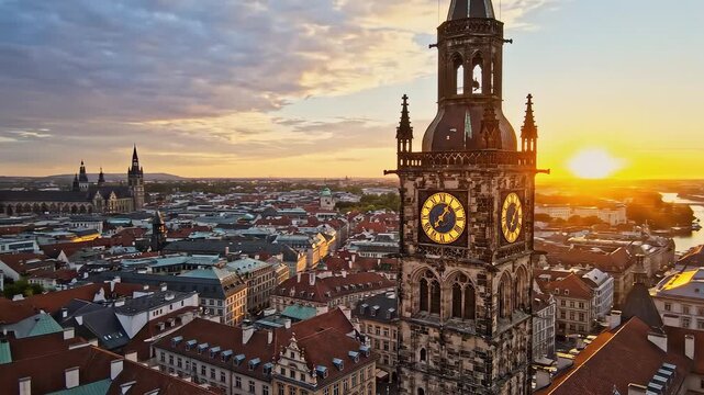 Sunset view of clock tower in city