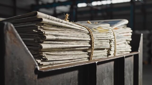 Stacks of bound newspapers in metal container