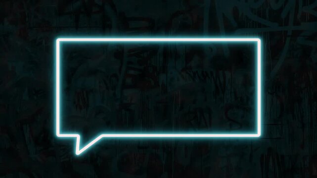A seamless turquoise speech bubble neon frame effects and graffiti wall featuring centered copy space, representing urban street style and neon inspired visuals.
