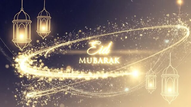 Elegant Eid Mubarak background with golden lanterns and sparkling light trails.