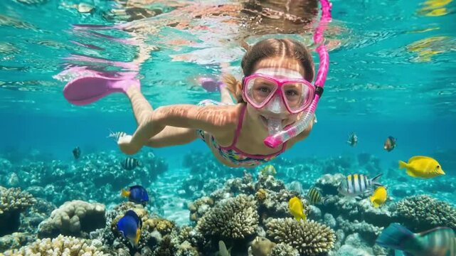 AI Generated Smiling Child Snorkeling Over Coral Reef with Tropical Fish in Maldives