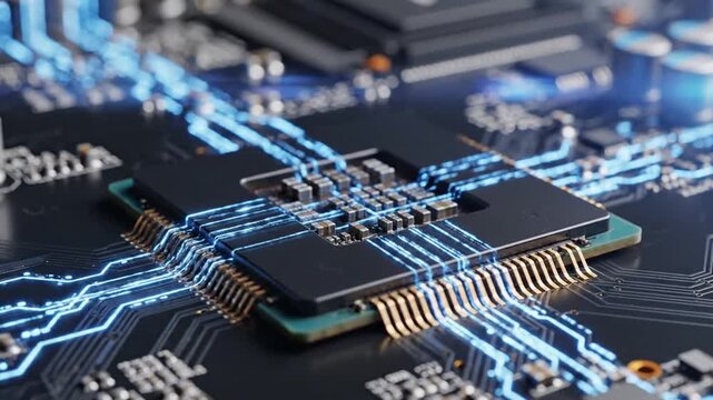 A close-up view of a computer processor, showing circuitry and illuminated energy flows