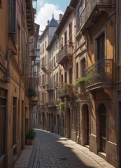 Fototapeta premium A narrow alleyway lined with historic buildings and ornate balconies in Vieux Lyon, steep roofs, vintage atmosphere , stone facades