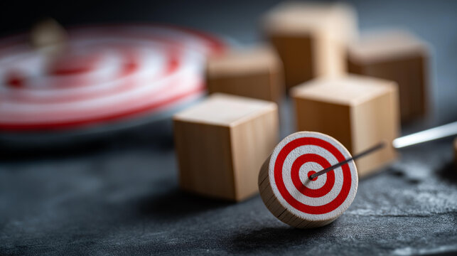 New Year 2023 resolutions concept, wooden blocks with target goals, dartboard success symbolism, objective setting strategy, achievement milestones, performance targets, business