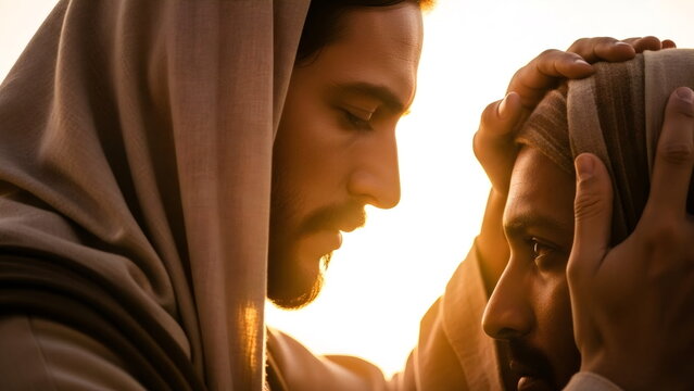 Jesus Christ lays his hand on another man's forehead. Jesus heals a sick man. Religious miracles for Christian doctrine. Sick man, blessing.
