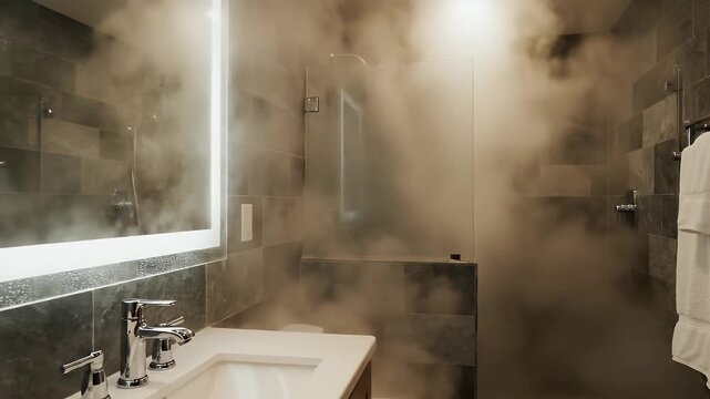 Steamy bathroom with shower and towels, creating a relaxing atmosphere.