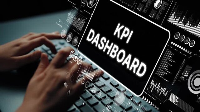 Hands on Keyboard with KPI Dashboard Displaying Graphs and Data Visualizations for Performance Measurement and Business Analysis. Asymptotic smart data analytic.