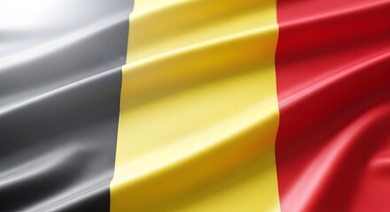 Obraz premium A close-up shot of the Belgian flag waving gently, showcasing its vertical stripes of black, yellow, and red in a silky texture.