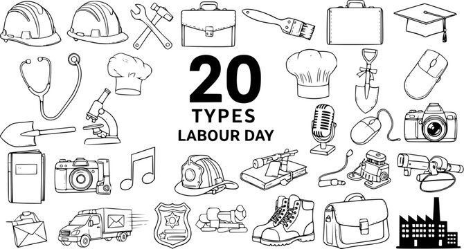 Labour Day Professions Black and White Line Art Doodle Icons Set. Hand-drawn Collection of Job Tools and Occupational Symbols