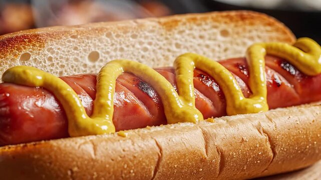 Hot dog with mustard on bun