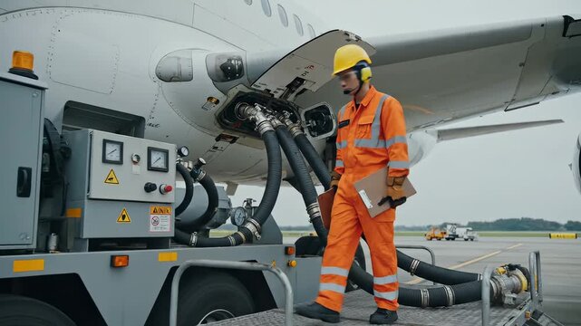 Airport worker refueling aircraft