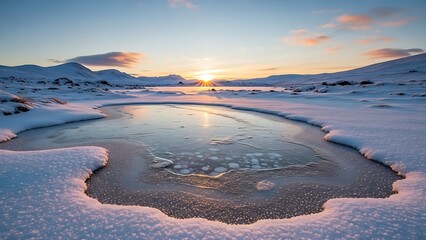 Frozen lake at sunrise with snow-covered mountains in the background