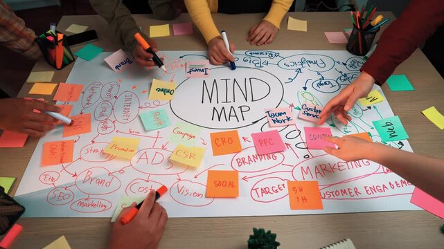 A vibrant brainstorming session captures diverse hands creating a mind map on a table. Colorful sticky notes and markers stimulate collaboration and innovative thinking. SACTR