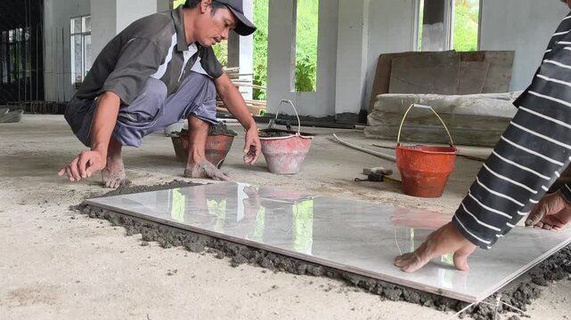 Two construction workers precisely placing white granite tiles on liquid cement mortar for professional floor installation