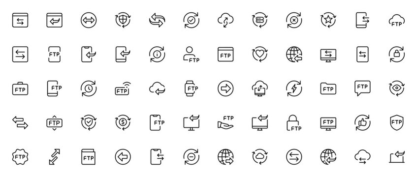 Data Transfer icon set. Vector symbols for cloud sync, secure file transfer, FTP, wireless data, shield security, and more. Editable stroke icons.