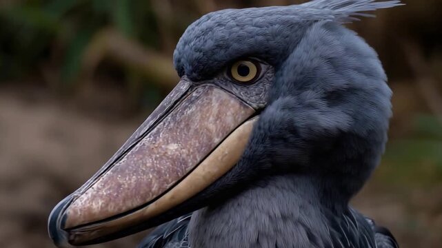 Majestic Shoebill Bird Close Up with Large Distinctive Bill and Striking Yellow Eye.