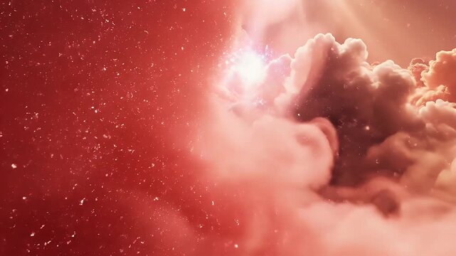 Beautiful pink clouds in the sky with sun rays shining through the clouds.
