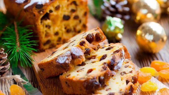 Mouthwatering fruit bread slices dusted with sugar, surrounded by charming seasonal holiday decor.