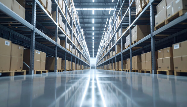 Interno di un moderno magazzino logistico con scaffalature industriali e pacchi pronti per la spedizione. Generative AI
