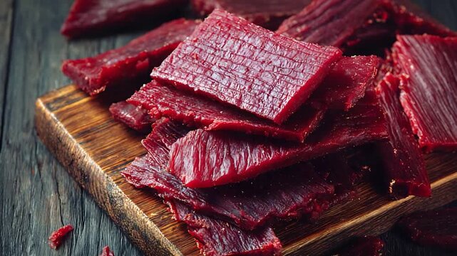 Delicious Deep Red Beef Jerky Slices Piled on a Rustic Wooden Cutting Board.