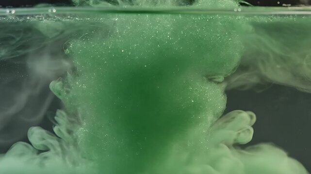 Green ink dispersing in water creating abstract and artistic visuals.