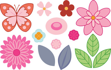 Fototapeta premium A vibrant collection of cartoon-style flowers and a butterfly, perfect for spring and summer designs. isolated on transparent background, Vector, illustration
