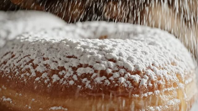 Delicious donut being dusted with powdered sugar, a sweet treat for dessert.