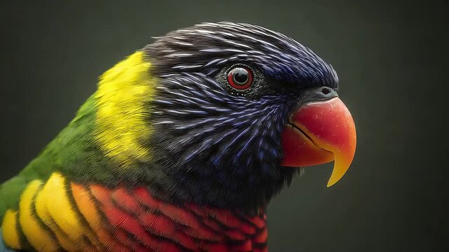 Close up portrait of a vibrant rainbow lorikeet parrot showcasing its stunning multicolored feathers.