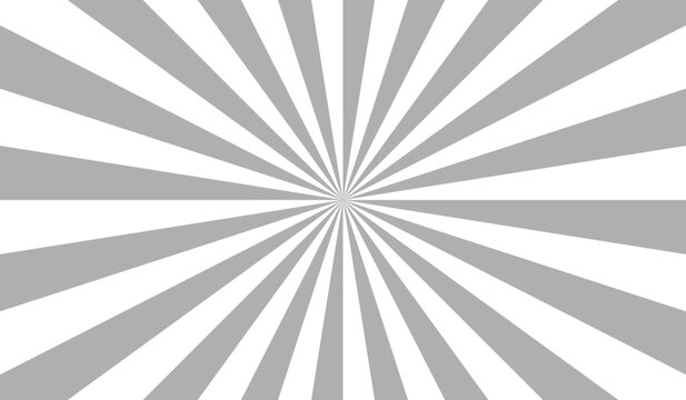 Sun rays background. Sun ray light. Radial burst. Sunburst grey pattern. Gray background. Beam line. Radiate lines sunlight. Comic sunrise effect texture. Retro pop art stripe. Vector illustration