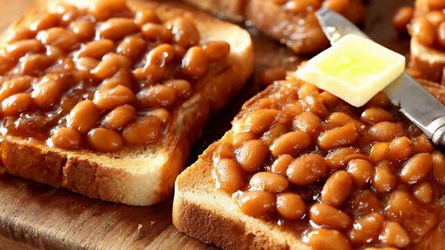Delicious baked beans generously spread over crispy toast with melting butter and a knife.