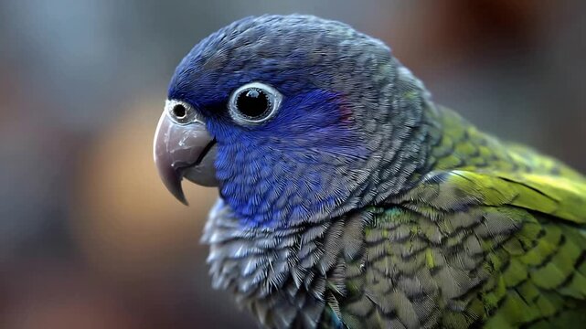 Close Up of a Vibrant Blue and Green Exotic Parrot Bird with Detailed Feathers.