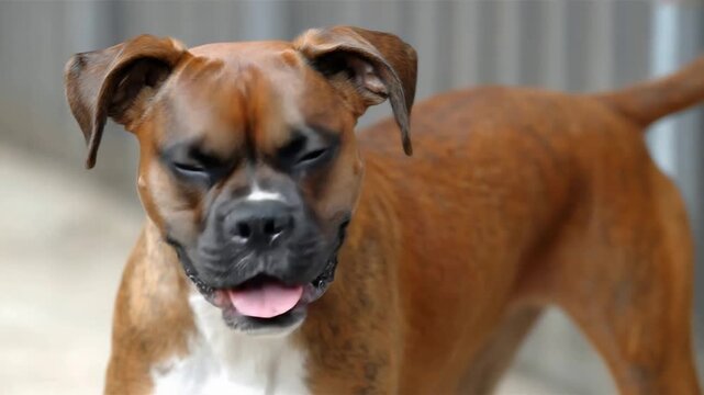 Adorable Brown Brindle Boxer Dog Panting with Happy Relaxed Expression in Close Up.